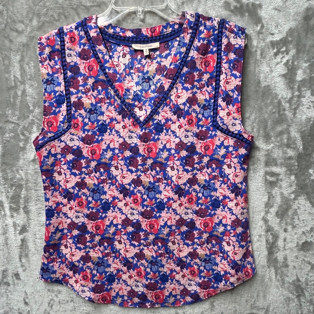 41Hawthorn Floral V-Neck Sleeveless Top Small Blue Pink Pom Pom Trim Boho Chic